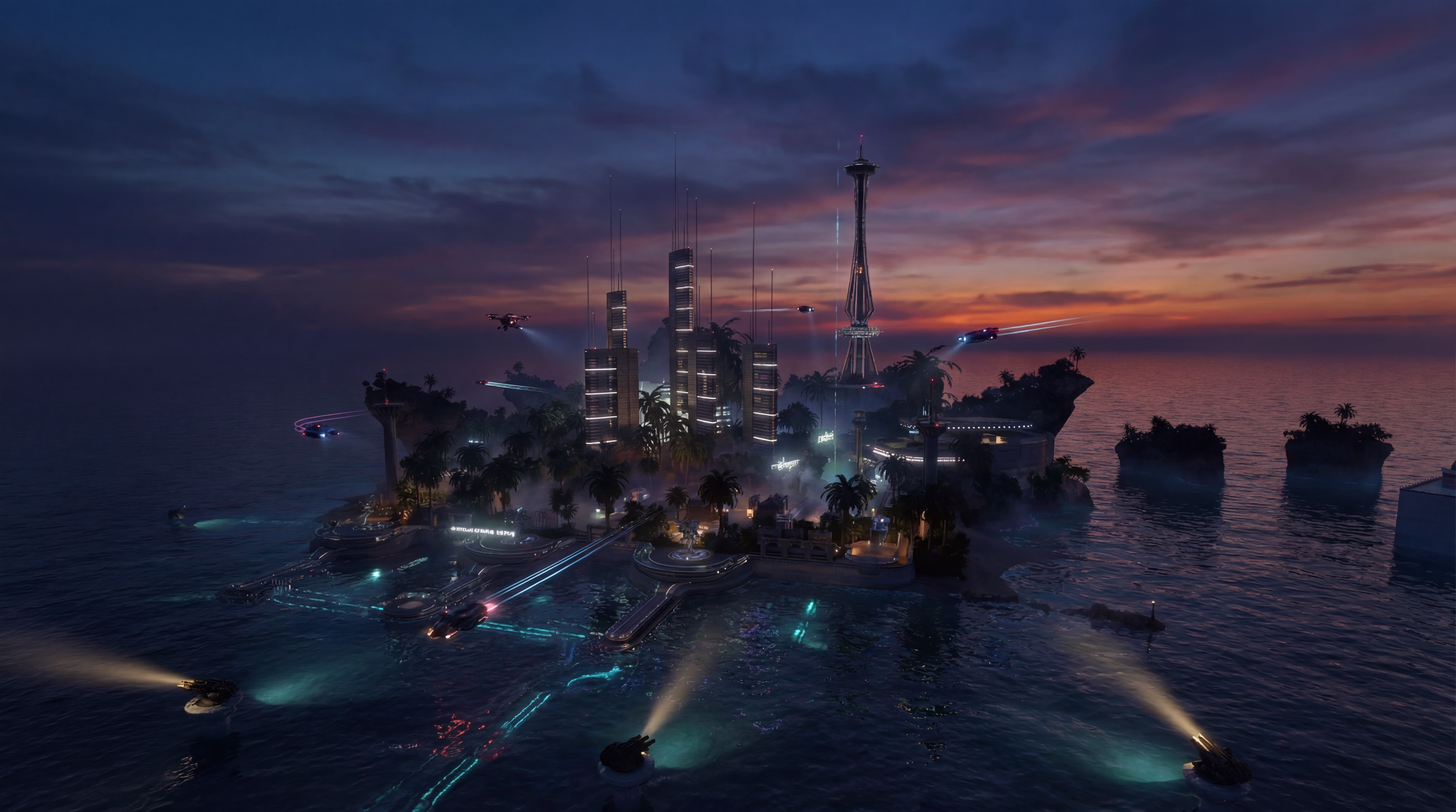The futuristic skyline of Port Atlantis on Planet Calypso in Entropia Universe