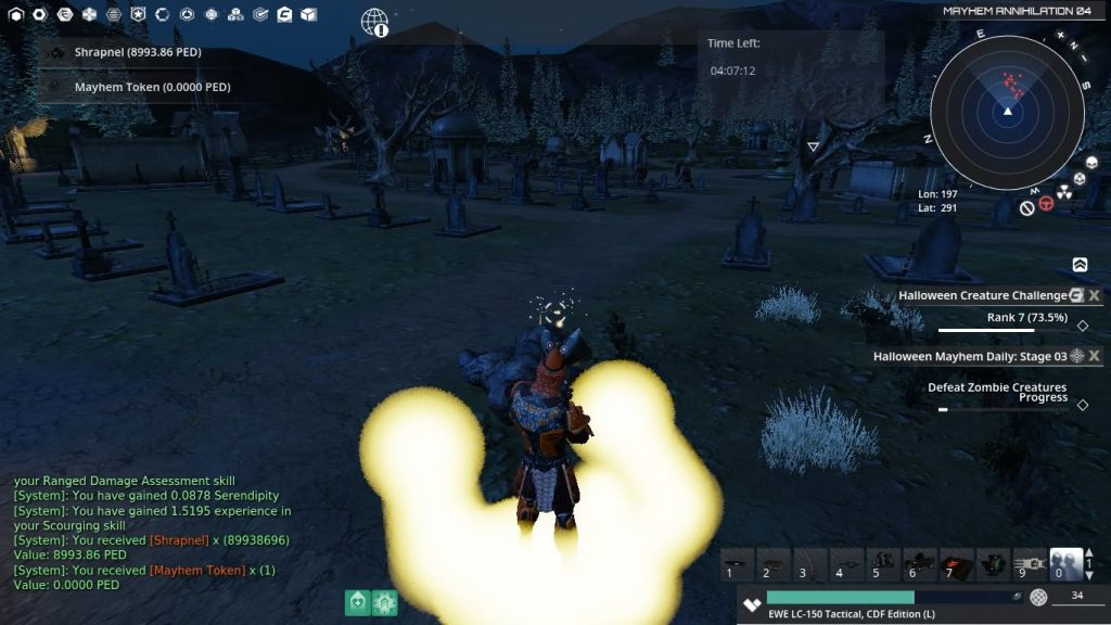 The screenshot records 8,993.86 PED of shrapnel. EntropiaLife dates the Annihilation Zombie event to 31 October 2024.