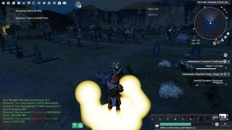 The screenshot records 8,993.86 PED of shrapnel. EntropiaLife dates the Annihilation Zombie event to 31 October 2024.