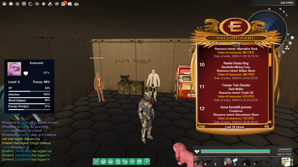 Chug’s Hideout, 29 January 2026. Toto appears at number 11 with 819 PED of Crude Oil; the event timestamp is 03:53:50.