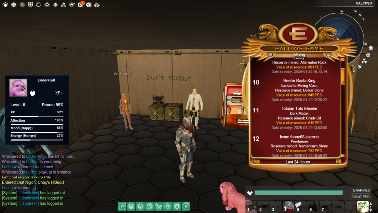 Chug’s Hideout, 29 January 2026. Toto appears at number 11 with 819 PED of Crude Oil; the event timestamp is 03:53:50.