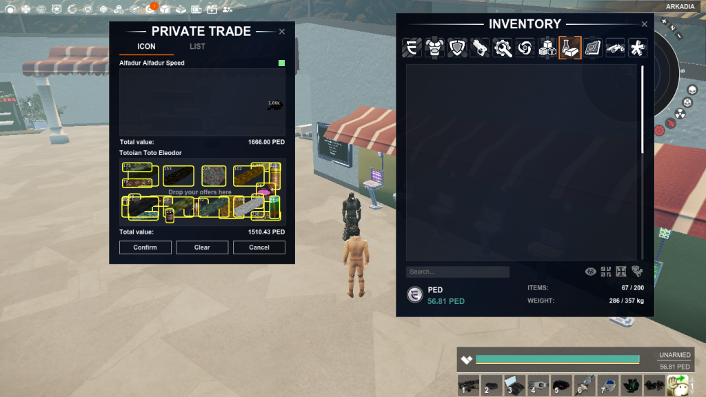 A trade window saved on 16 July: 1,510.43 PED of items on my side and 1,666 PED offered on the other. The capture shows the offer stage, not a completed transaction.