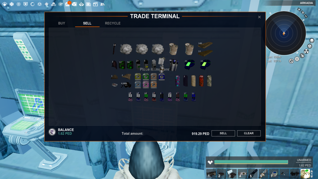 A separate Arkadia inventory snapshot from early 19 July. The selected items total 919.29 PED; this is a valuation screen, not a complete session result.