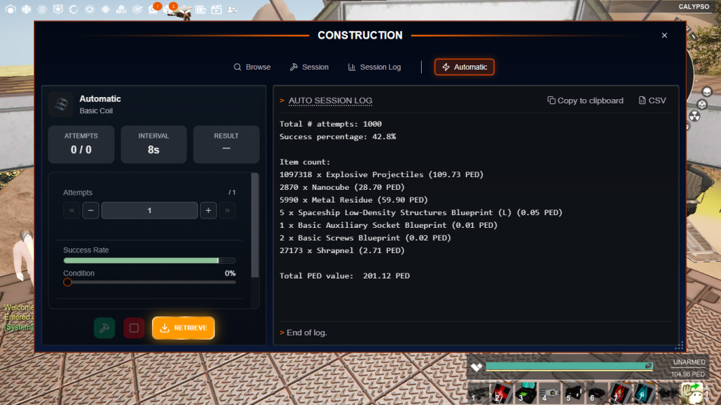 An earlier, separate construction log from 15 August: 1,000 attempts and a 42.8% success percentage. It is not part of the amplifier batch.