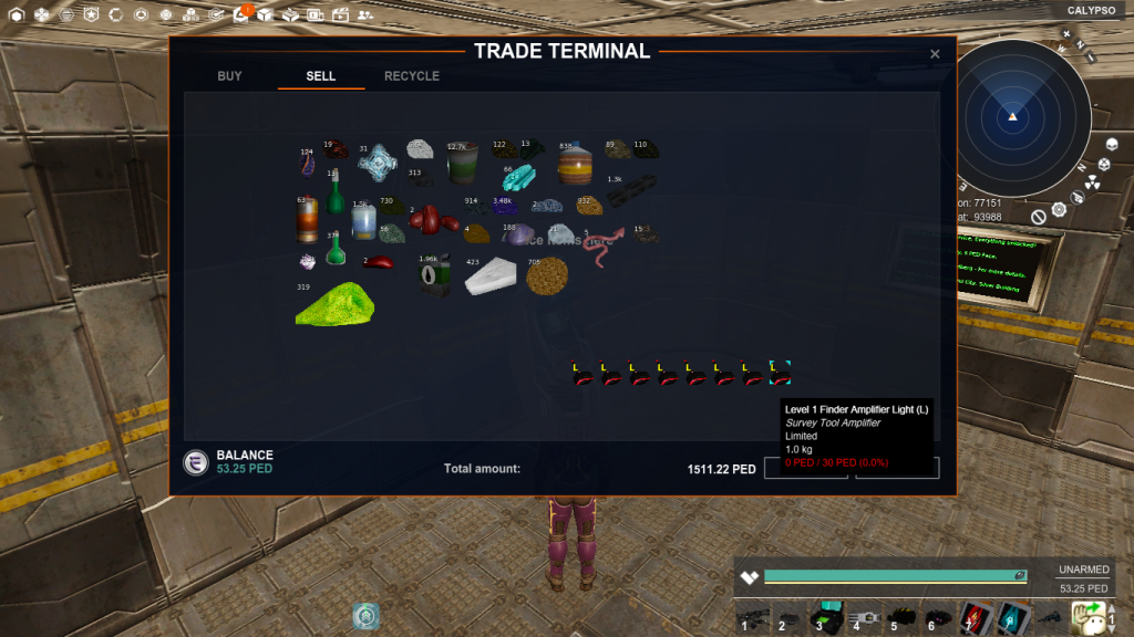 26 August: selected resources total 1,511.22 PED, with depleted Level 1 Finder Amplifier Light (L) items visible below.