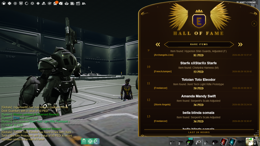 Cyrene, 30 August: A Deserved Reward is completed, and the Xent Tech Light Rifle Prototype appears at number 11 on the Rare Items board.