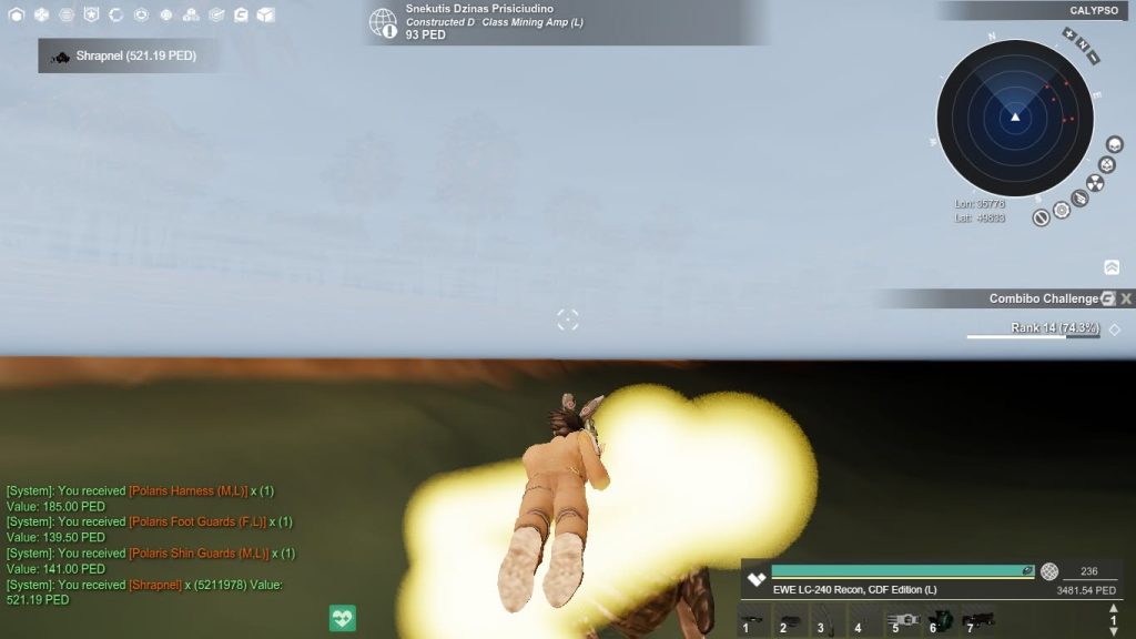 Leviathan: Polaris armour pieces and 521.19 PED of shrapnel are visible. EntropiaLife records the combined event as 986 PED on 15 July 2025.